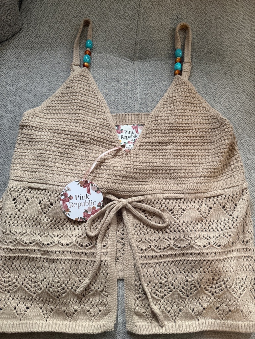 Pink Republic Beige Crochet Tie-Front Tank with Bead-Accented Straps